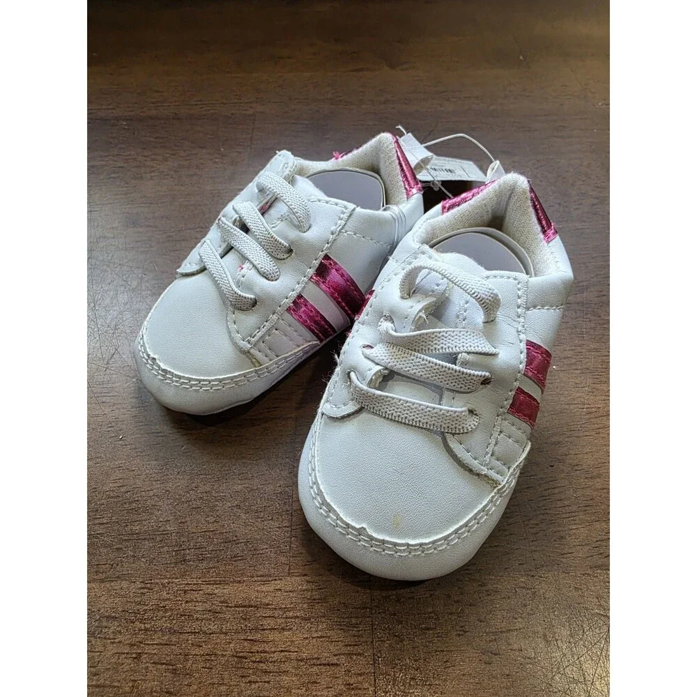 Luvable Friends Baby Girls White Pink Striped Prewalker Crib Shoes Booties 0-6M
